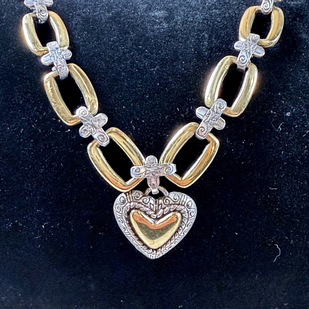 Brighton Two Tone Heart Pendant Necklace Brown Braided Leather Gold Silver Tone